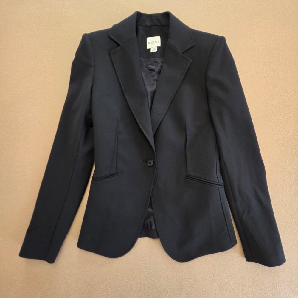 Reiss Dane Fay Single-Breasted Black Blazer Jacket Sz 0 Wool Blend